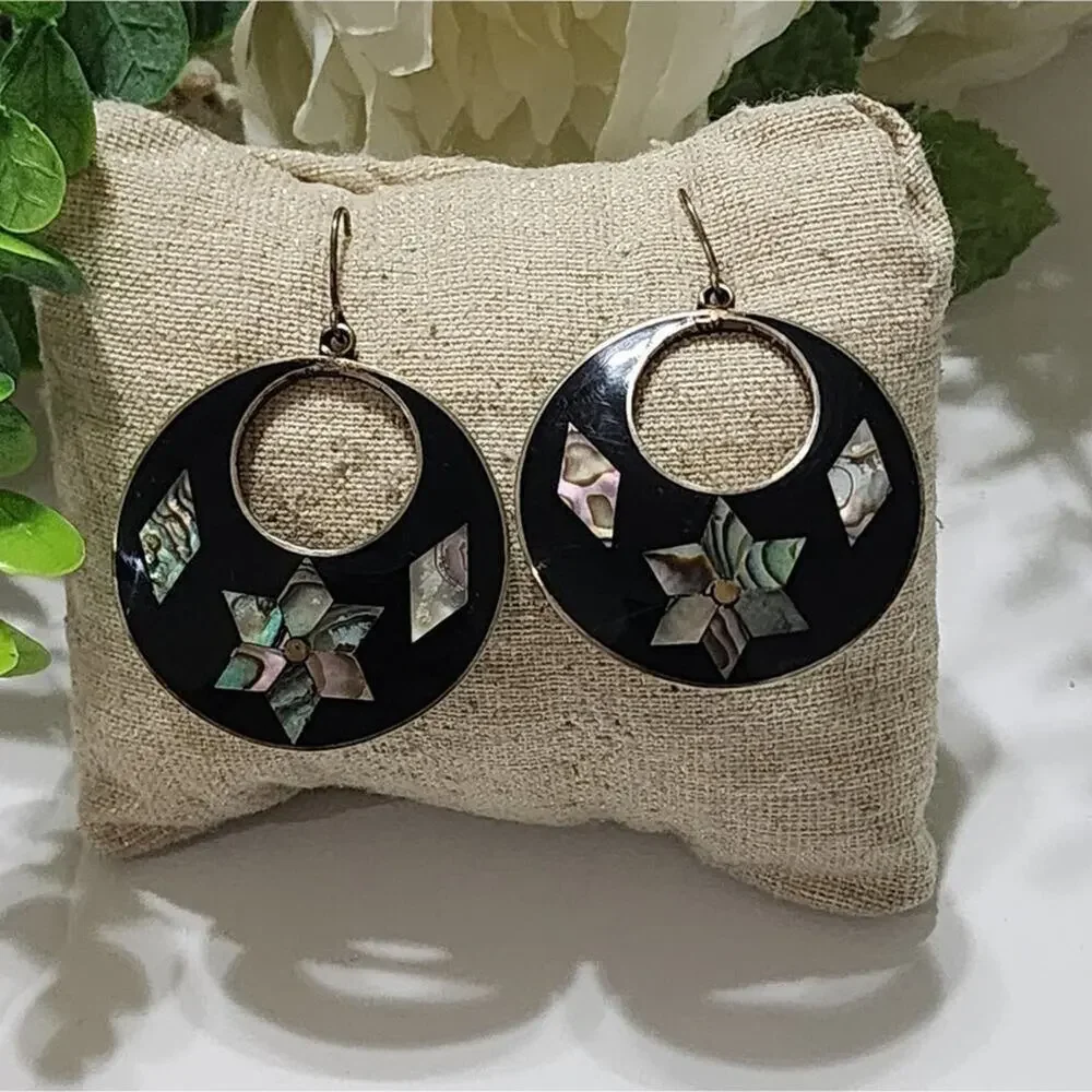 Vintage 925 sterling silver Mexican cloisonne French wire earrings